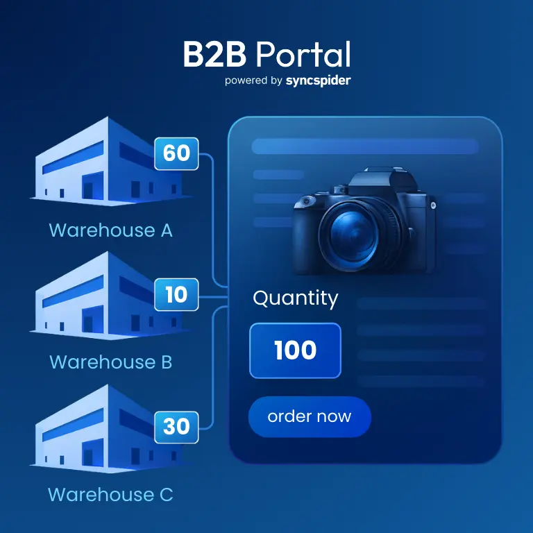 B2B Portal - Order Hub Module showing a camera's total quantity of 100 aggregated from three different warehouses for streamlined ordering