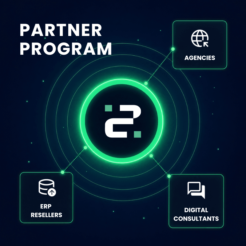 B2Bware partner program diagram connecting the central logo to agencies, ERP resellers, and digital consultants.